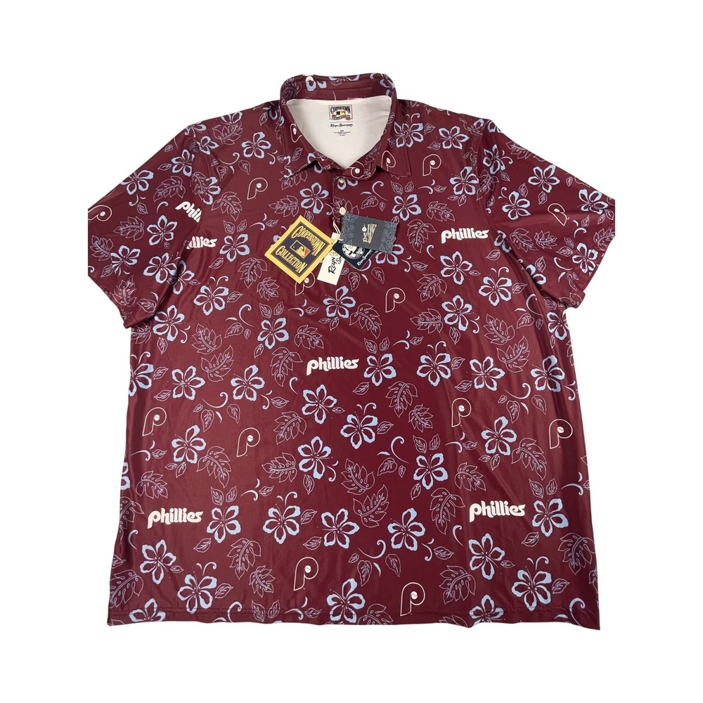 Reyn Spooner Polo Mens 3XL Maroon Phillies Cooperstown Floral Performance Shirt